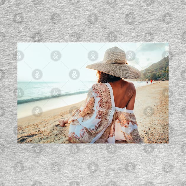 Beautiful Elegant Woman Sitting on Beach and Watching the Ocean by visualspectrum